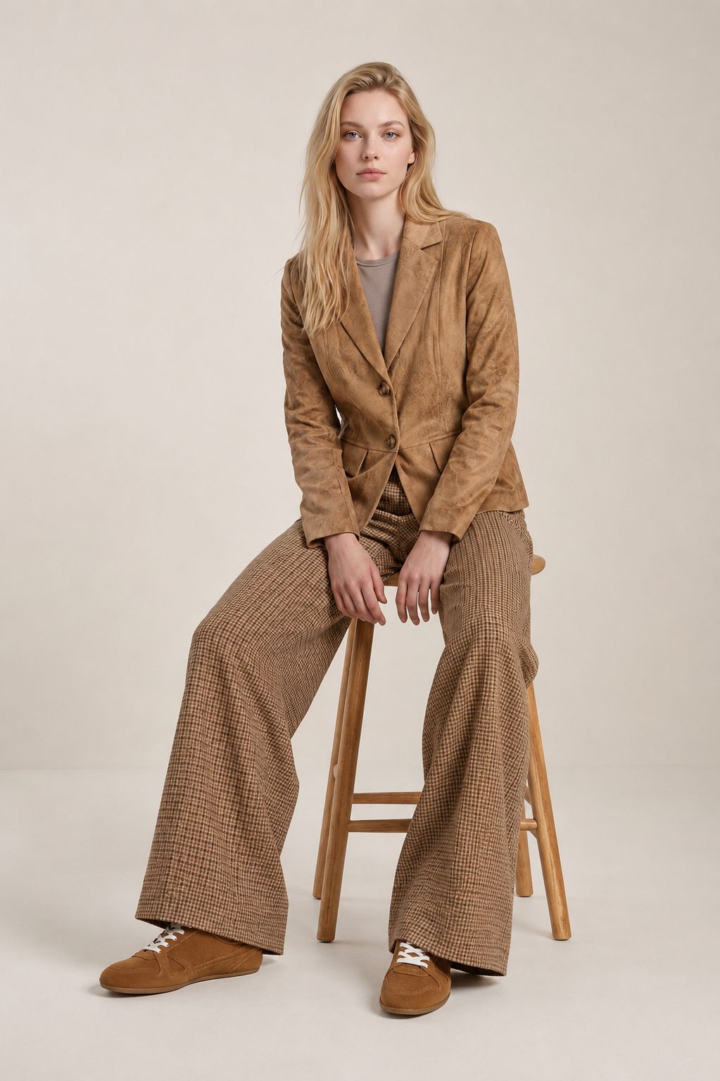 Model in camelkleurig pak met blazer en wijde broek